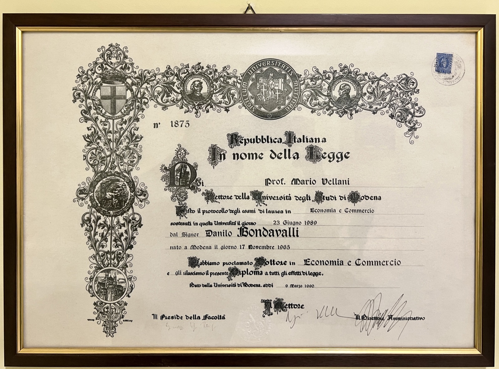 Diploma di laurea in Economia e Commercio del Dott. Danilo Bondavalli, Universita di Modena 1989